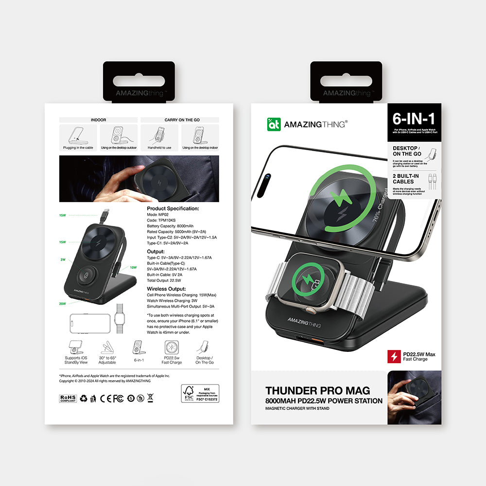 Amazingthing Thunder Pro Mag 6in1 PD22.5W Katlanabilir Standlı Kablosuz Powerbank 8000mAh
