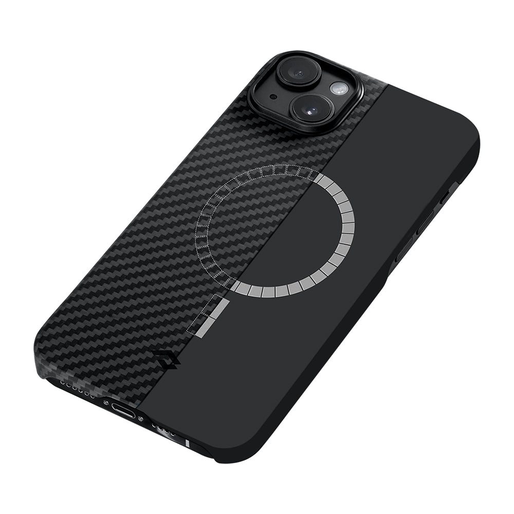 Apple iPhone 14 Kılıf M-safe Şarj Özellikli 1500D Aramid Fiber Pitaka Ultra-Slim Classic Serisi Black-Grey Twill Kapak