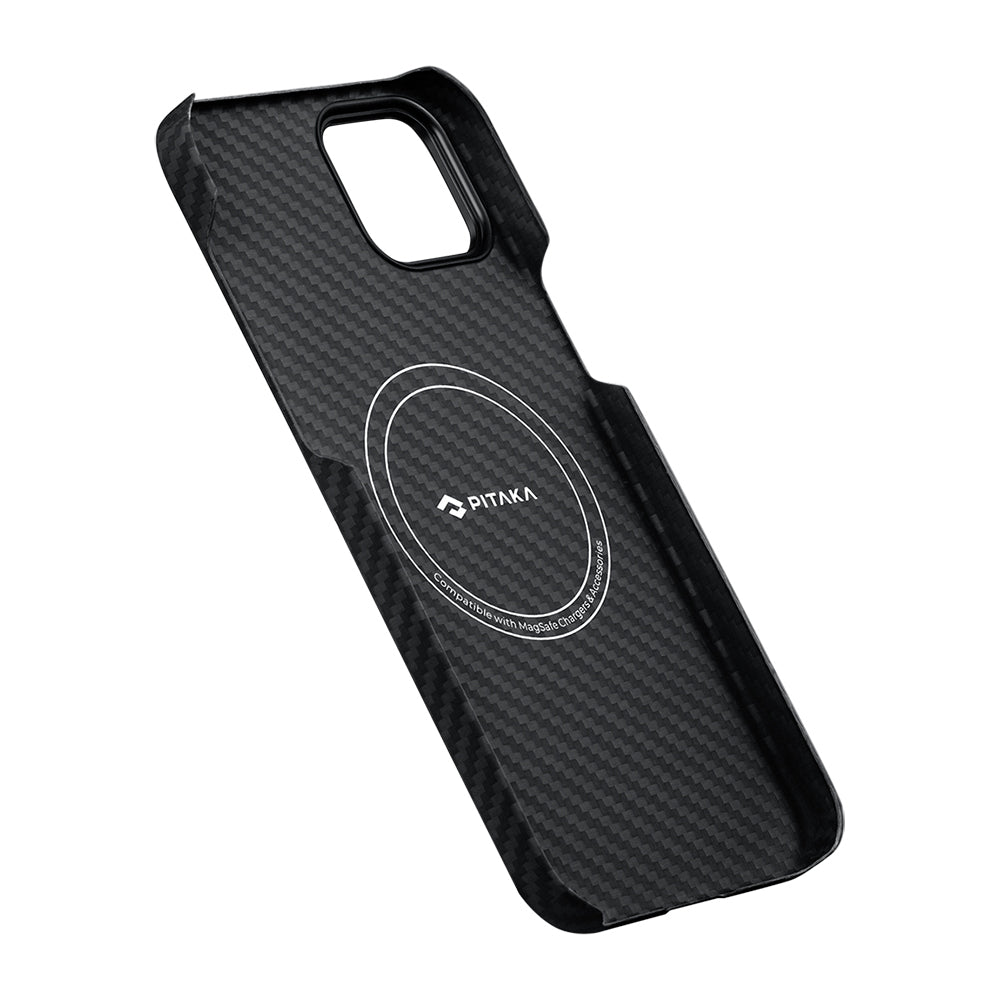 Apple iPhone 14 Kılıf M-safe Şarj Özellikli 1500D Aramid Fiber Pitaka Ultra-Slim Classic Serisi Black-Grey Twill Kapak