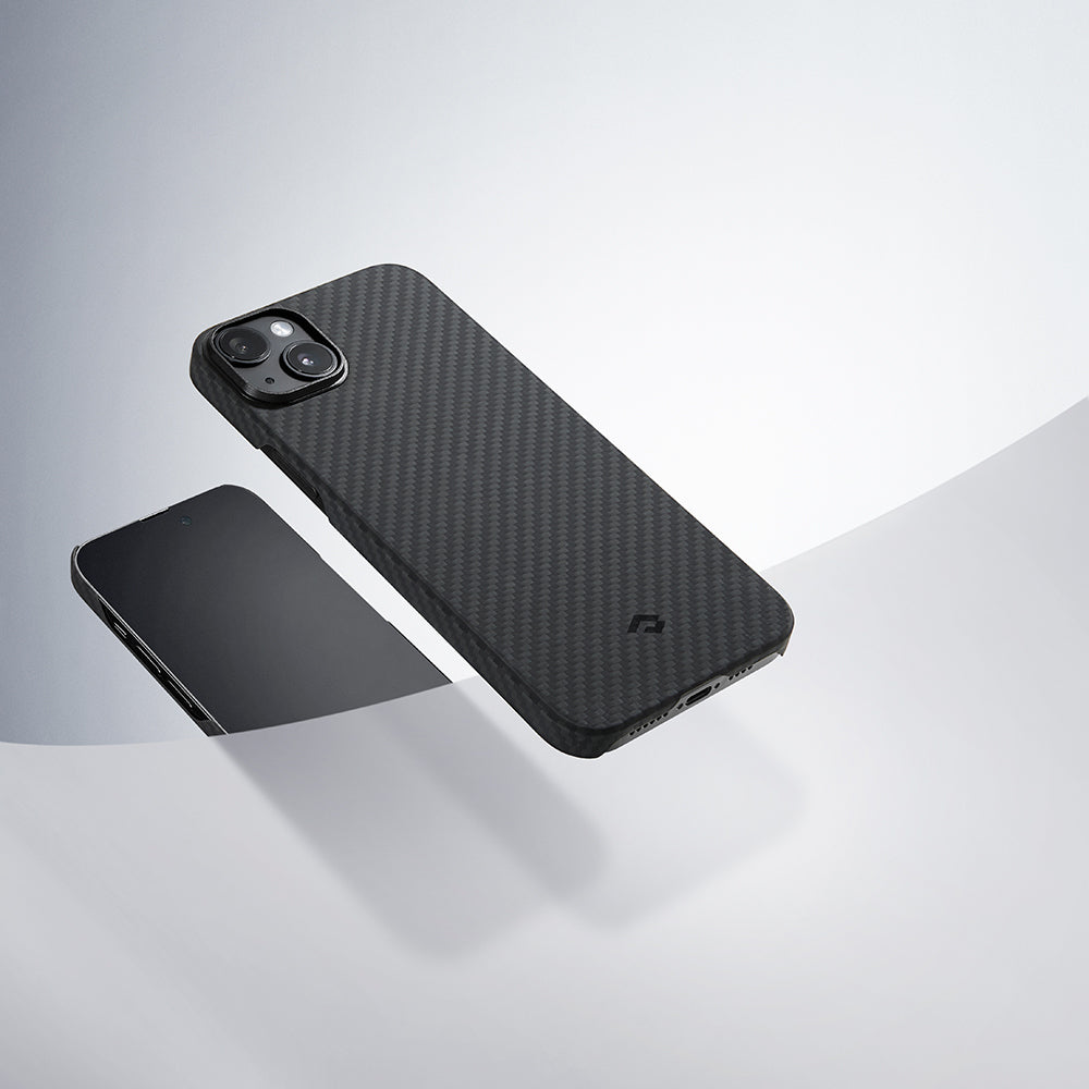 Apple iPhone 14 Kılıf M-safe Şarj Özellikli 1500D Aramid Fiber Pitaka Ultra-Slim Classic Serisi Black-Grey Twill Kapak