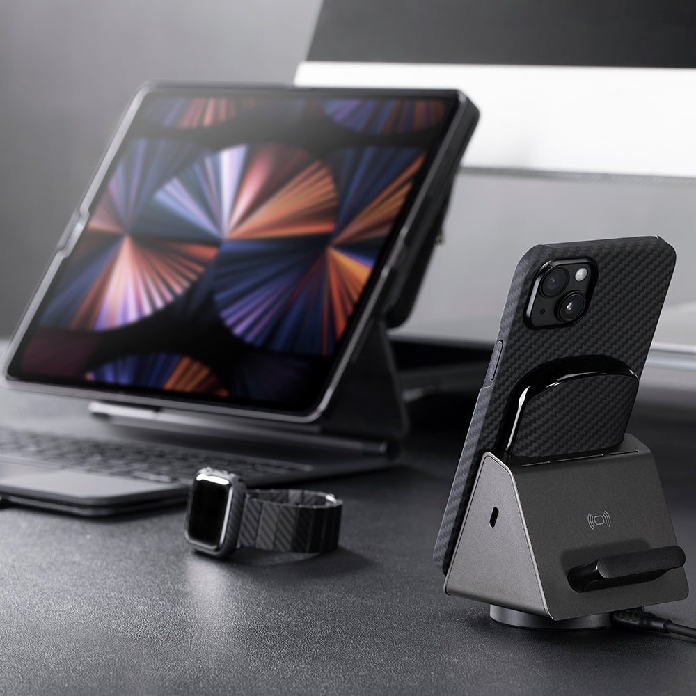 Apple iPhone 14 Kılıf M-safe Şarj Özellikli 1500D Aramid Fiber Pitaka Ultra-Slim Classic Serisi Black-Grey Twill Kapak