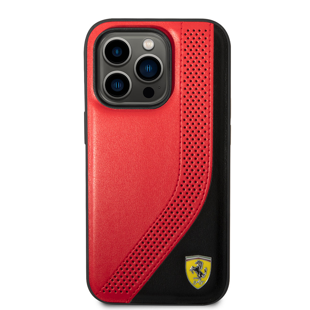 Apple iPhone 14 Pro Max Kılıf Ferrari Orjinal Lisanslı Metal Logolu Deri Delikli Dikişli Dizayn Kapak