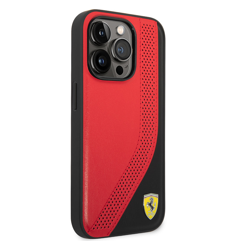 Apple iPhone 14 Pro Max Kılıf Ferrari Orjinal Lisanslı Metal Logolu Deri Delikli Dikişli Dizayn Kapak