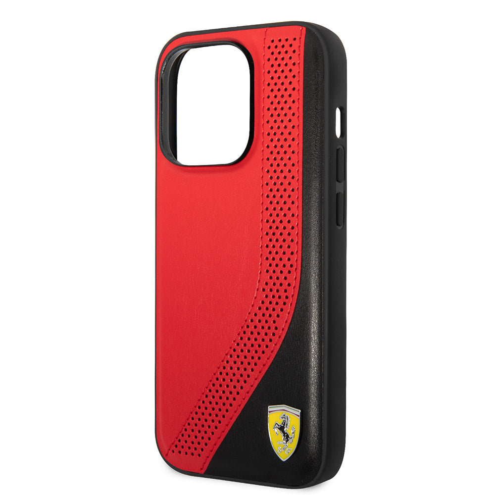 Apple iPhone 14 Pro Max Kılıf Ferrari Orjinal Lisanslı Metal Logolu Deri Delikli Dikişli Dizayn Kapak