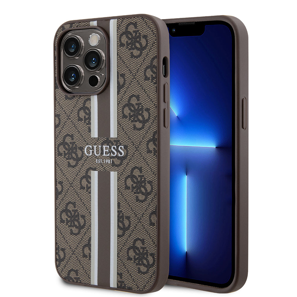 Apple iPhone 14 Pro Max Kılıf Guess Orjinal Lisanslı M-safe Şarj Özellikli 4G Şerit Tasarımlı Printed Kapak