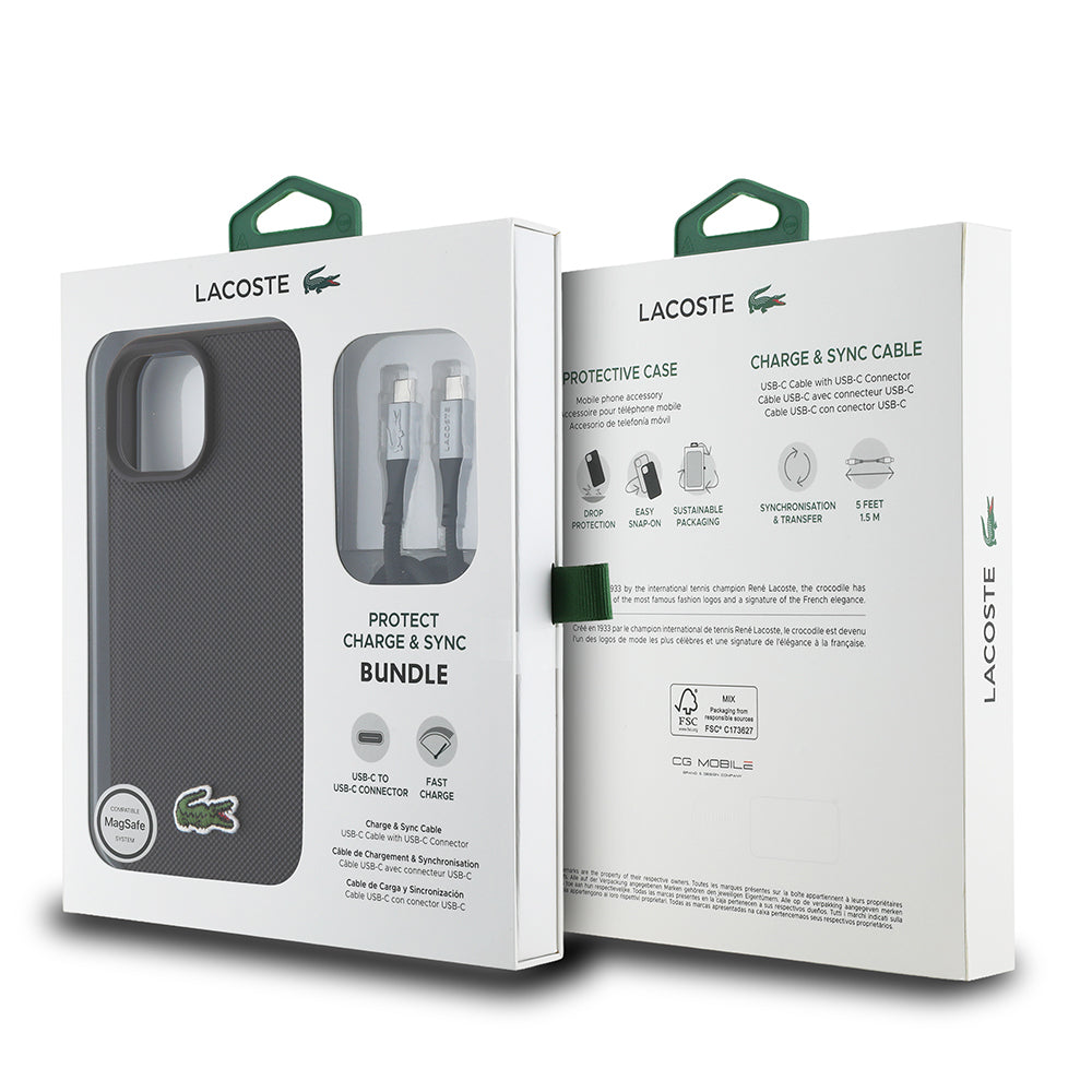 Apple iPhone 15 Kılıf Lacoste Orjinal Lisanslı PU Pike Desenli Arka Yüzey İkonik Timsah Dokuma Logolu Kapak + Type-C Kablo 1.5m