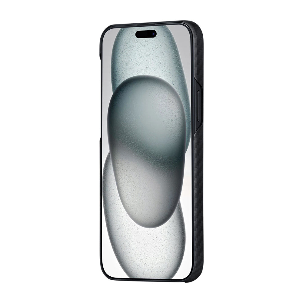 Apple iPhone 15 Plus Kılıf M-safe Şarj Özellikli 1500D Aramid Fiber Pitaka Ultra-Slim Classic Serisi Black-Grey Twill Kapak