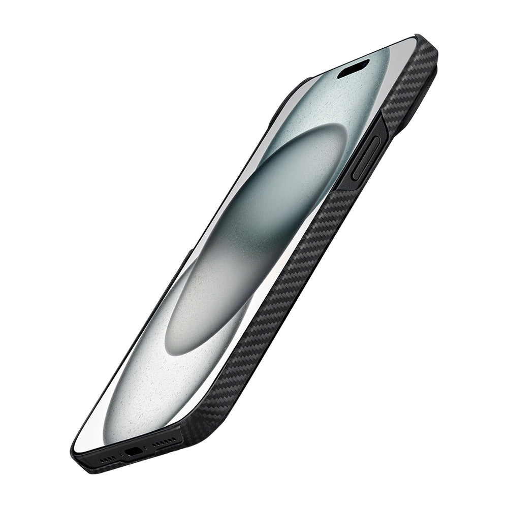 Apple iPhone 15 Plus Kılıf M-safe Şarj Özellikli 600D Aramid Fiber Pitaka Ultra-Slim Classic Serisi Black-Grey Twill Kapak