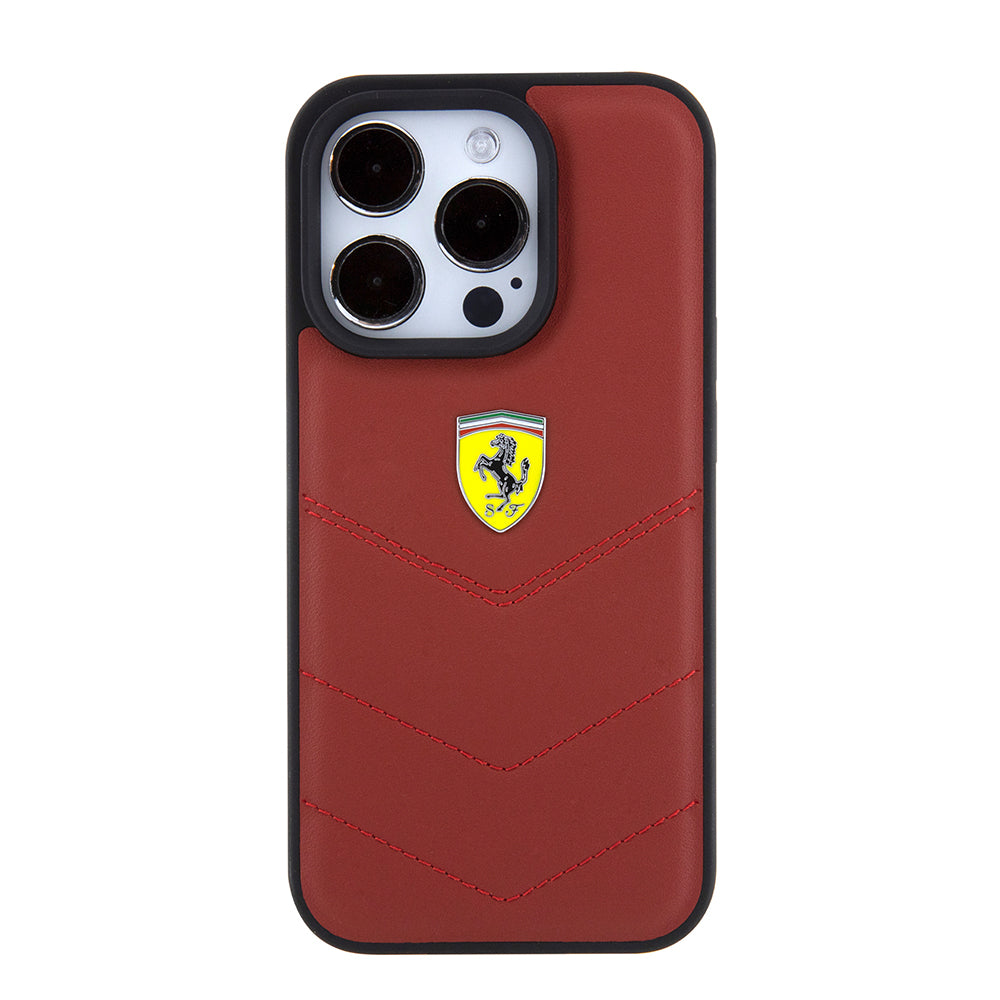 Apple iPhone 15 Pro Kılıf Ferrari Orjinal Lisanslı Deri Dikişli Arka Yüzey Metal Logo Tasarımlı Kapak