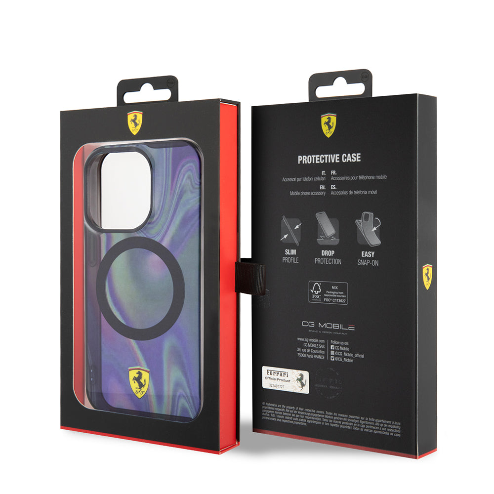Apple iPhone 15 Pro Kılıf Ferrari Orjinal Lisanslı M-safe Şarj Özellikli Transparan Renk Geçişli Iridescent Kapak