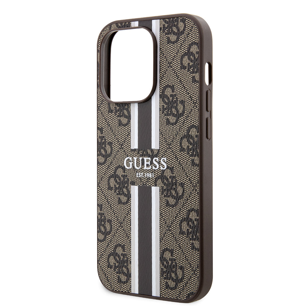 Apple iPhone 15 Pro Kılıf Guess Orjinal Lisanslı M-safe Şarj Özellikli 4G Şerit Tasarımlı Printed Kapak