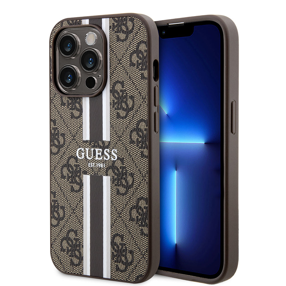 Apple iPhone 15 Pro Kılıf Guess Orjinal Lisanslı M-safe Şarj Özellikli 4G Şerit Tasarımlı Printed Kapak