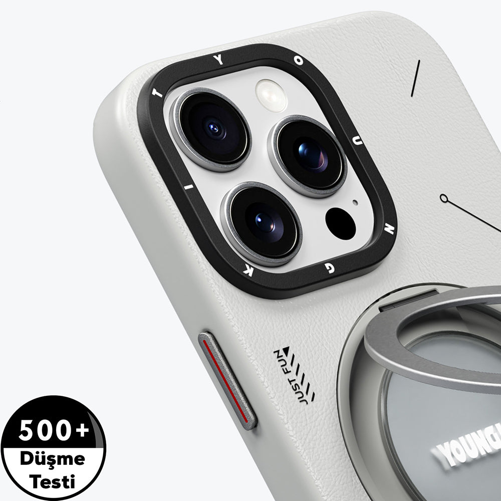 Apple iPhone 15 Pro Kılıf M-safe Şarj Özellikli 360° Standlı Basit Mat Deri Desenli Youngkit Tech Leather Serisi Kapak