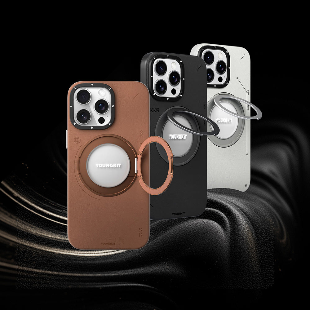 Apple iPhone 15 Pro Max Kılıf M-safe Şarj Özellikli 360° Standlı Basit Mat Deri Desenli Youngkit Tech Leather Serisi Kapak