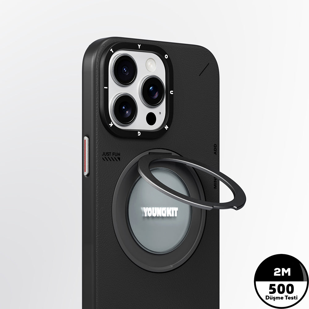 Apple iPhone 15 Pro Max Kılıf M-safe Şarj Özellikli 360° Standlı Basit Mat Deri Desenli Youngkit Tech Leather Serisi Kapak