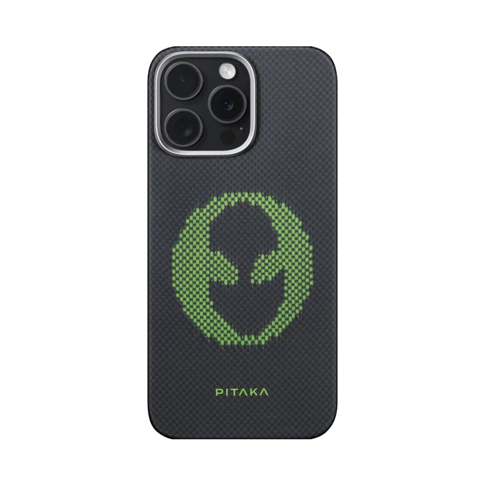 Apple iPhone 15 Pro Max Kılıf M-safe Şarj Özellikli Lumintex Teknolojili Fosforlu Aramid Fiber Pitaka Tactile Woven Aries Serisi Kapak