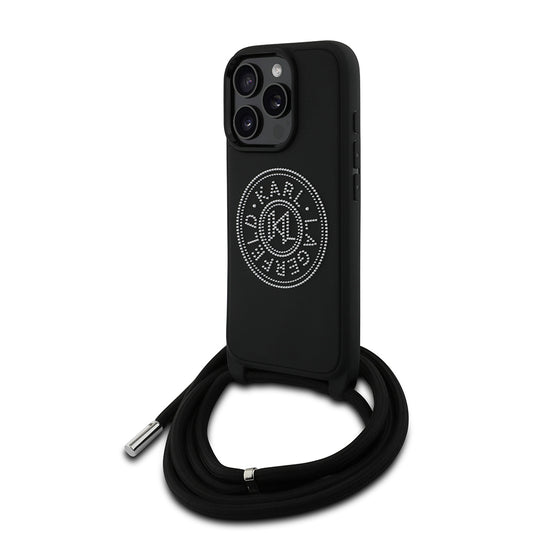 Apple iPhone 16 Pro Kılıf Karl Lagerfeld Orjinal Lisanslı Askı İpli Taşlı KL Yazılı Crossbody Cord Kapak