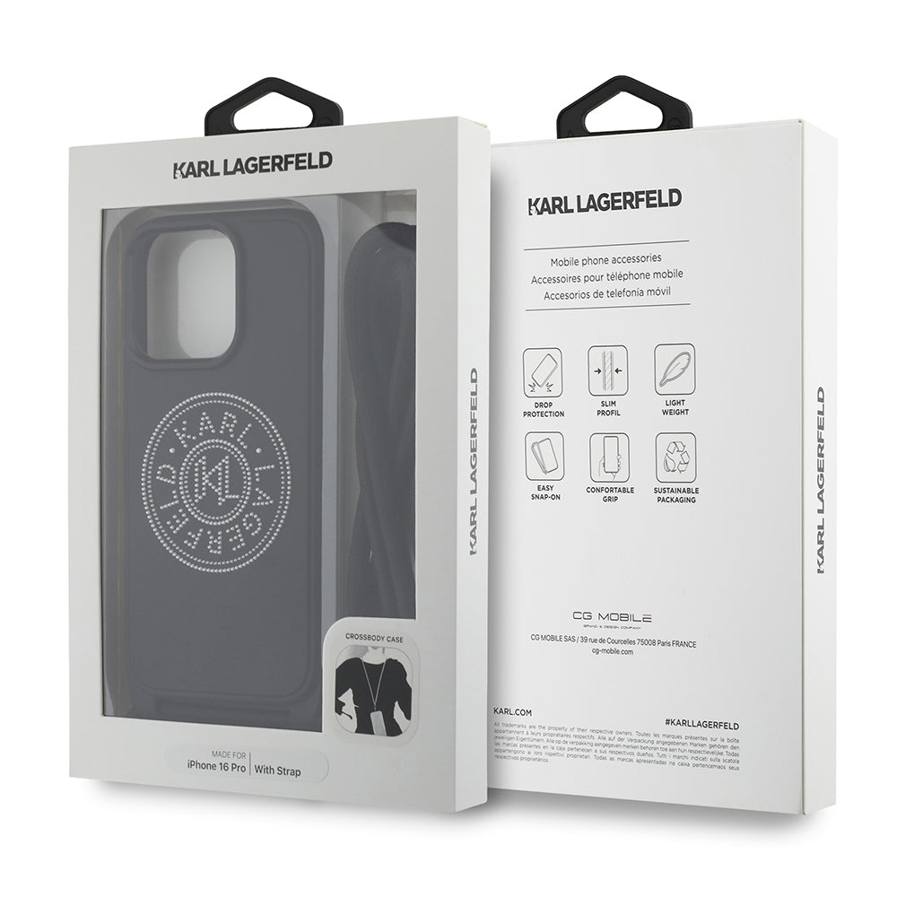 Apple iPhone 16 Pro Kılıf Karl Lagerfeld Orjinal Lisanslı Askı İpli Taşlı KL Yazılı Crossbody Cord Kapak