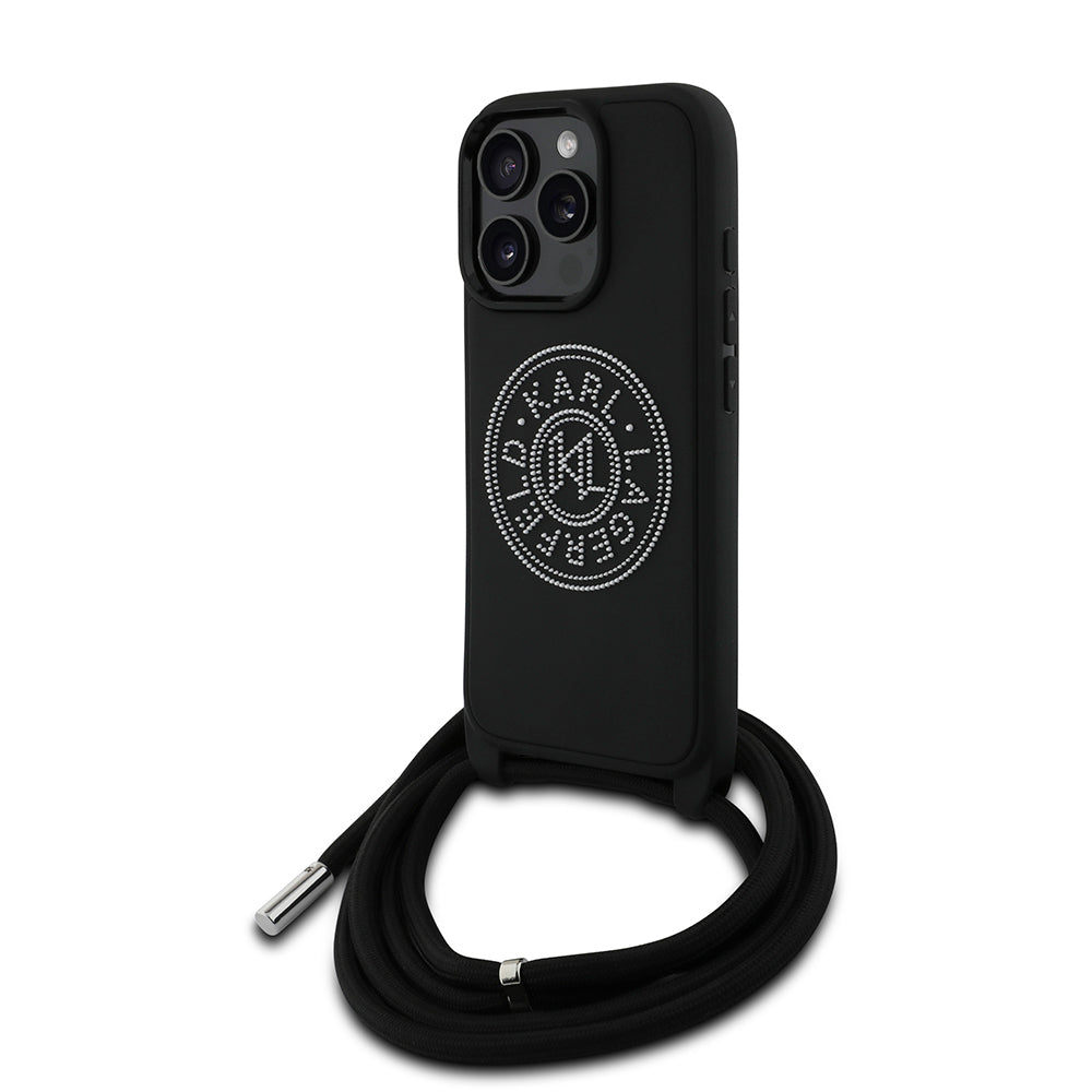 Apple iPhone 16 Pro Kılıf Karl Lagerfeld Orjinal Lisanslı Askı İpli Taşlı KL Yazılı Crossbody Cord Kapak