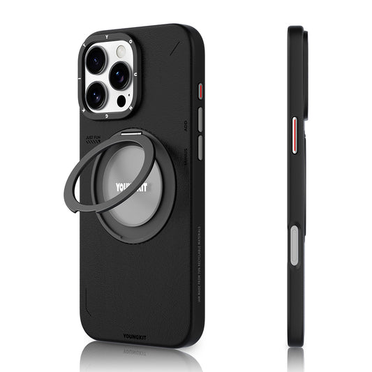 Apple iPhone 16 Pro Kılıf M-safe Şarj Özellikli 360° Standlı Basit Mat Deri Desenli Youngkit Tech Leather Serisi Kapak