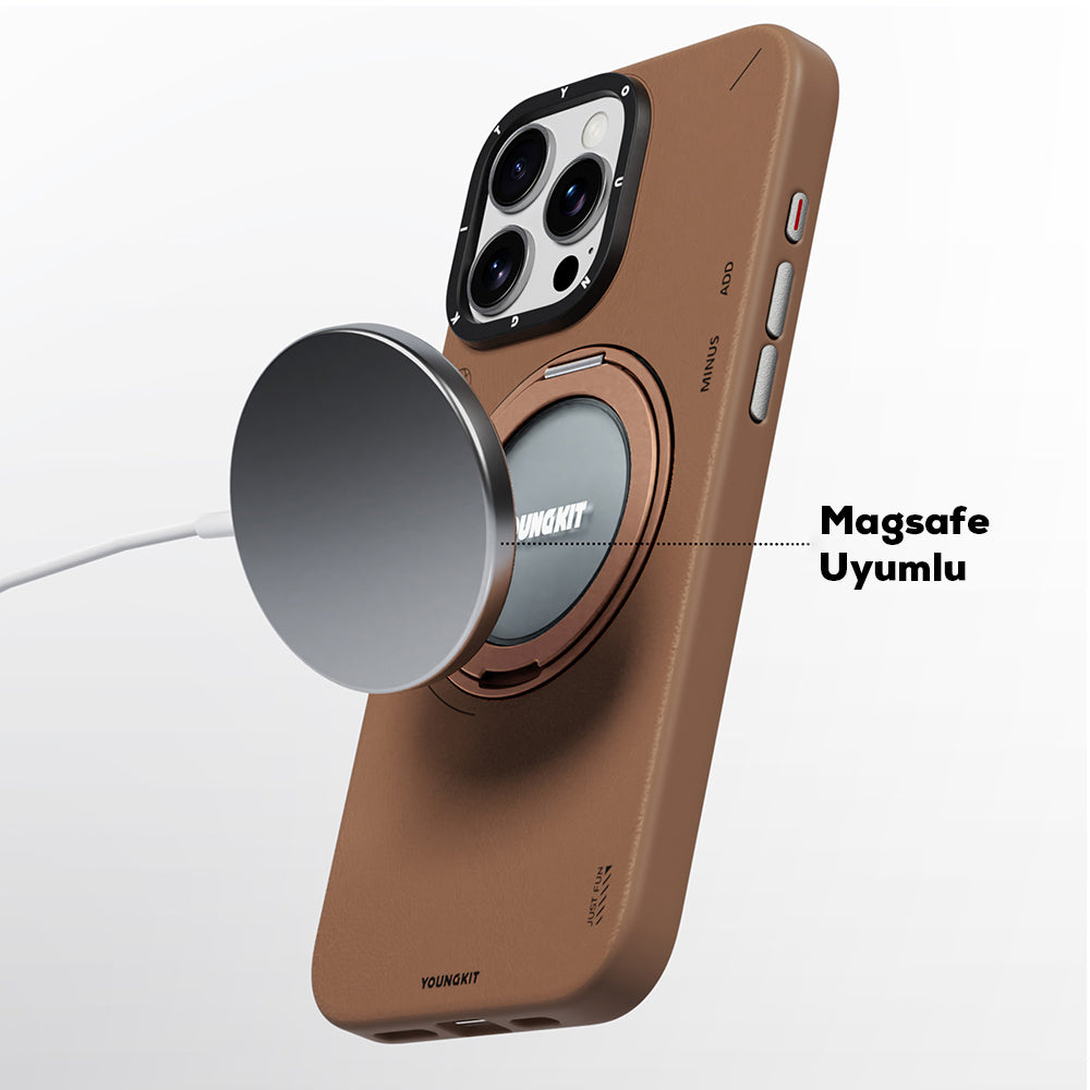 Apple iPhone 16 Pro Kılıf M-safe Şarj Özellikli 360° Standlı Basit Mat Deri Desenli Youngkit Tech Leather Serisi Kapak