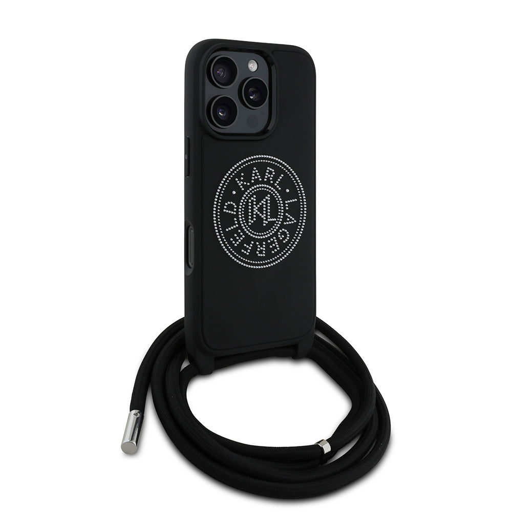 Apple iPhone 16 Pro Max Kılıf Karl Lagerfeld Orjinal Lisanslı Askı İpli Taşlı KL Yazılı Crossbody Cord Kapak