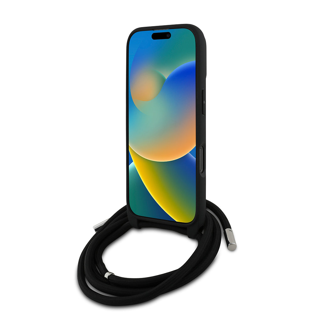 Apple iPhone 16 Pro Max Kılıf Karl Lagerfeld Orjinal Lisanslı Askı İpli Taşlı KL Yazılı Crossbody Cord Kapak