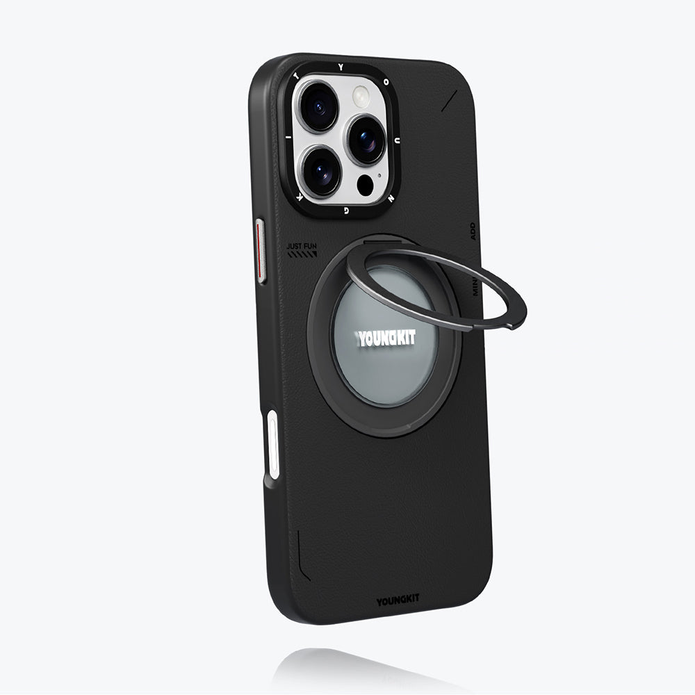 Apple iPhone 16 Pro Max Kılıf M-safe Şarj Özellikli 360° Standlı Basit Mat Deri Desenli Youngkit Tech Leather Serisi Kapak