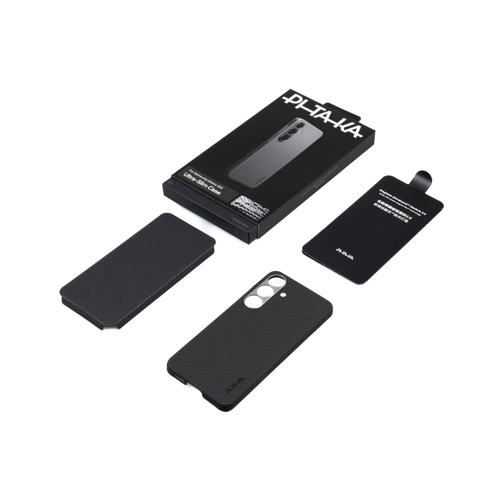 Galaxy S25 Kılıf M-safe Şarj Özellikli 600D Aramid Fiber Pitaka Ultra-Slim Classic Serisi Black-Grey Twill Kapak