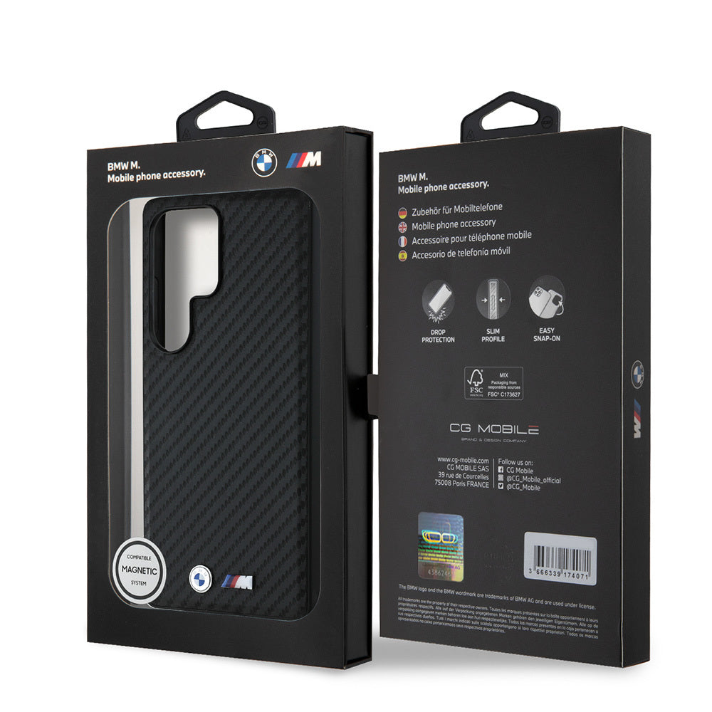 Galaxy S25 Ultra Kılıf BMW Orjinal Lisanslı M-safe Şarj Özellikli Karbon Fiber Tasarımlı ve Metal Logolu PU Deri Kapak