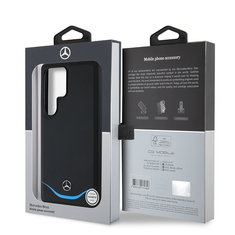 Galaxy S25 Ultra Kılıf Mercedes Benz Orjinal Lisanslı M-safe Şarj Özellikli 3D Metal Logolu Mavi Yatay Eğri Çizgili Deri Kapak