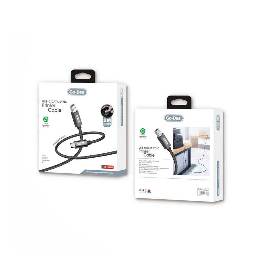 Go Des GD-HM837 Type-C to USB-B 2.0 Örgülü Yazıcı Kablosu 2M