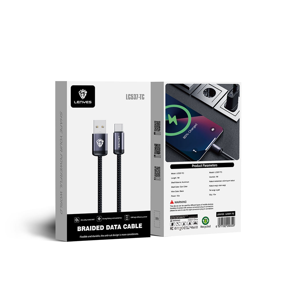 Lenyes LC537 USB-A to Type-C Örgü Tasarımlı Hızlı Şarj Özellikli Data ve Şarj Kablosu 10W 1M