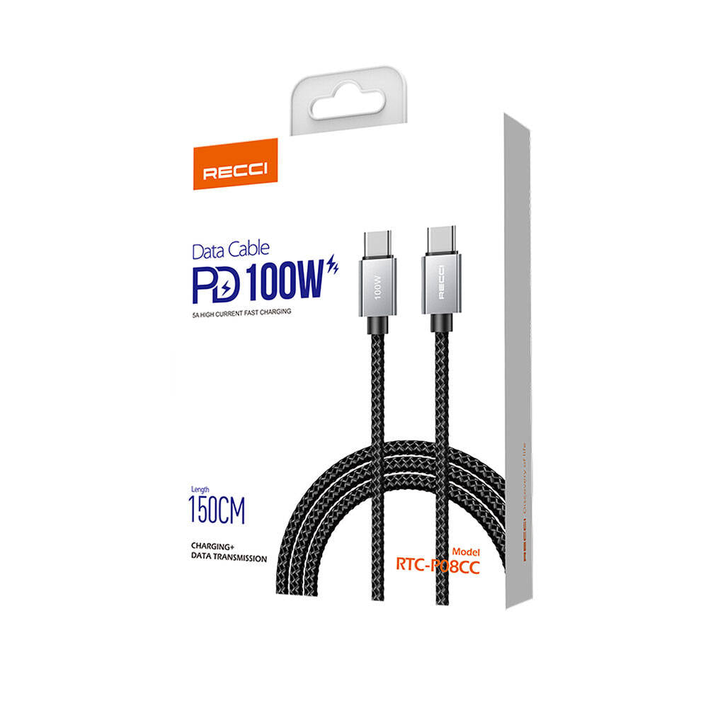 Recci RTC-P08CC Type-C to Type-C PD 100W 5A Hızlı Şarj Naylon Örgü Tasarım Şarj ve Data Kablosu 1.5M