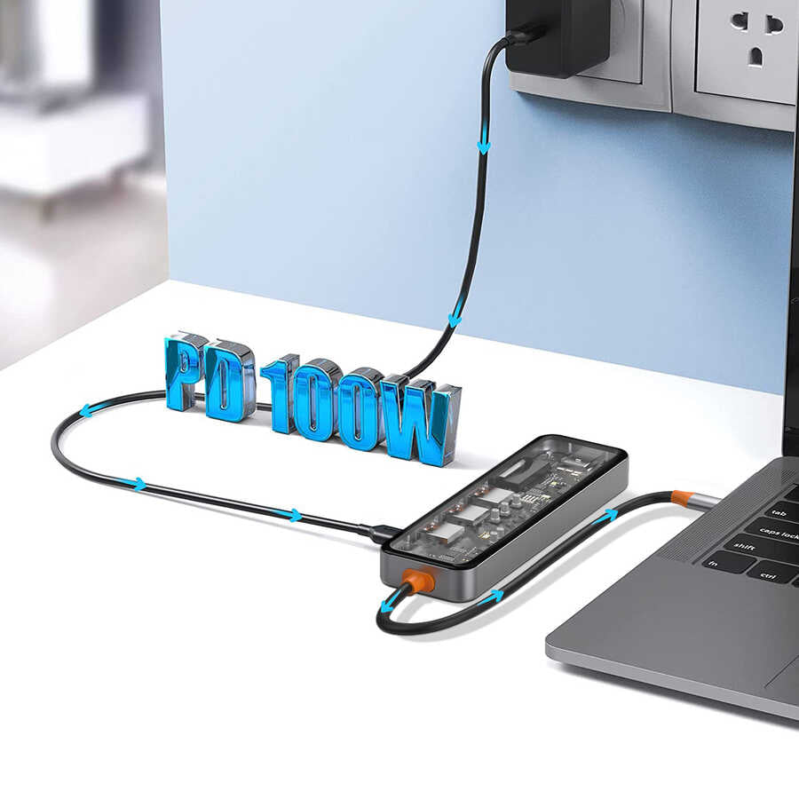Wiwu CB007 Cyber 7 in 1 Type-C Hub 100W Şarj Destekli Şeffaf Görünümlü SD Kart-Hdmi-Usb Çoğaltıcı