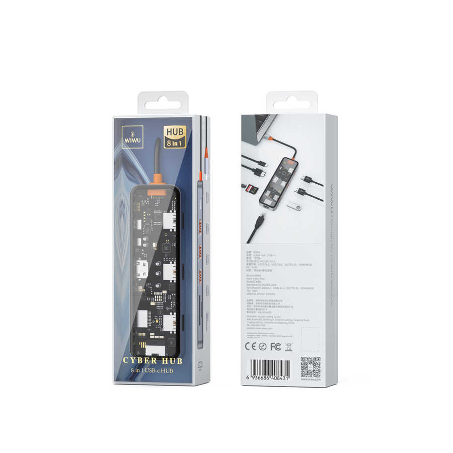 Wiwu CB008 Cyber 8 in 1 Type-C Hub 100W Şarj Destekli Şeffaf Görünümlü SD Kart-RJ45-Hdmi-Usb Çoğaltıcı