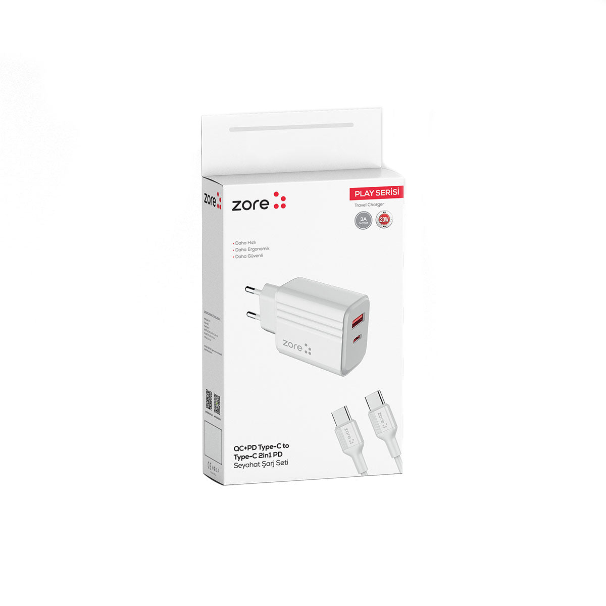 Zore Play Serisi PL07 Type-C to Type-C 2in1 PD Seyahat Şarj Aleti 20W