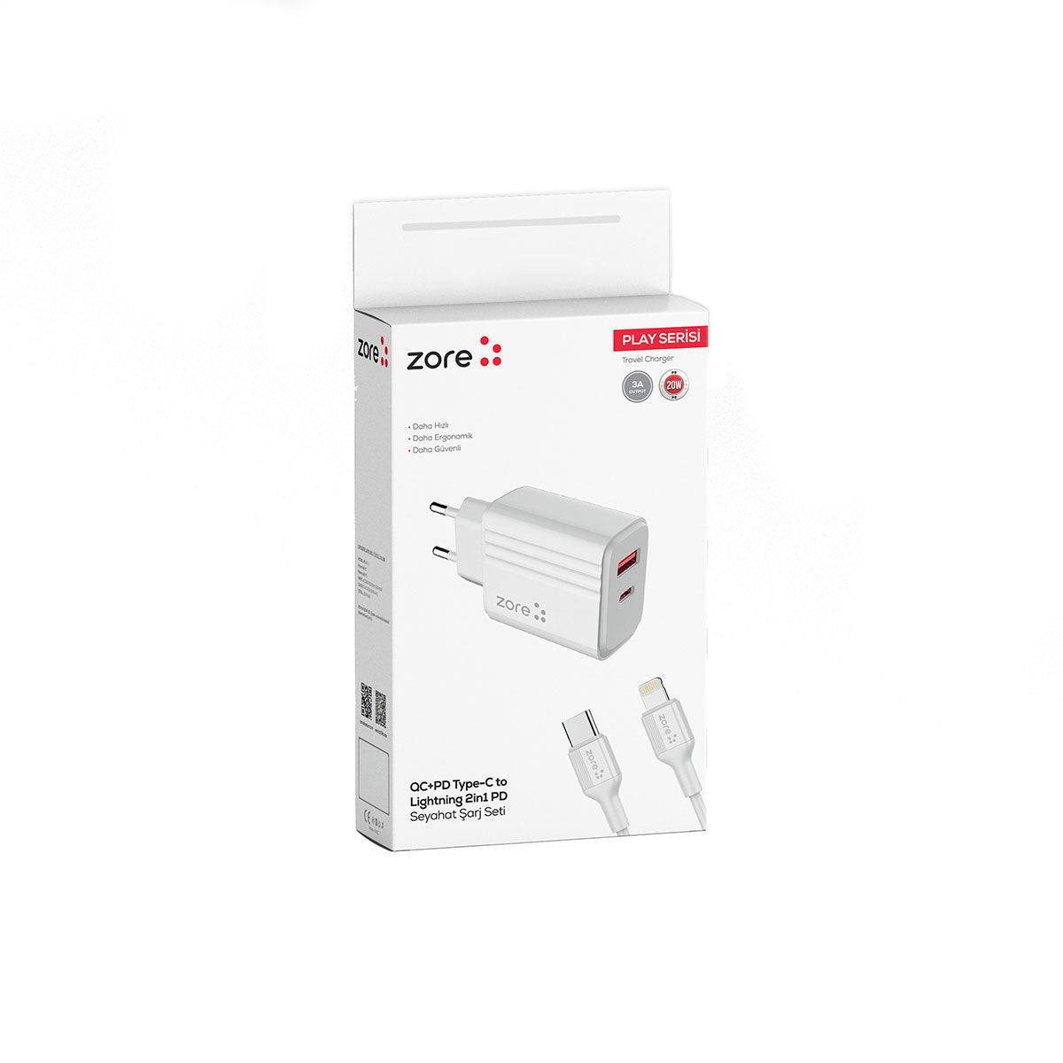 Zore Play Serisi PL08 Type-C to Lightning 2in1 PD Seyahat Şarj Aleti 20W