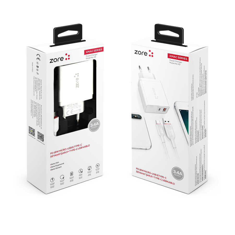 Zore XMac Serisi ZR-X2 Type-C 2 in 1 Şarj Seti