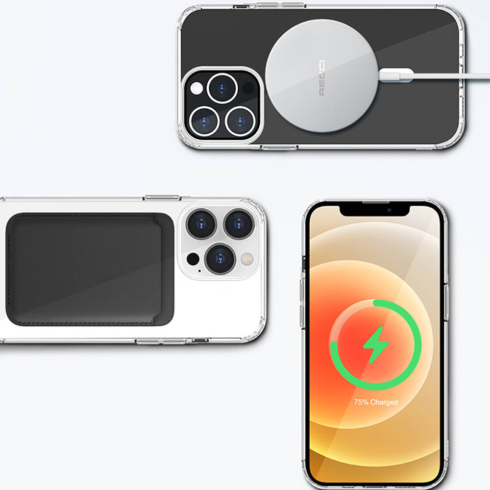 Apple iPhone 13 Kılıf M-safe Şarj Özellikli Airbagli Şeffaf PC Arka Yüzey Recci Magnetik Suction Serisi Kapak