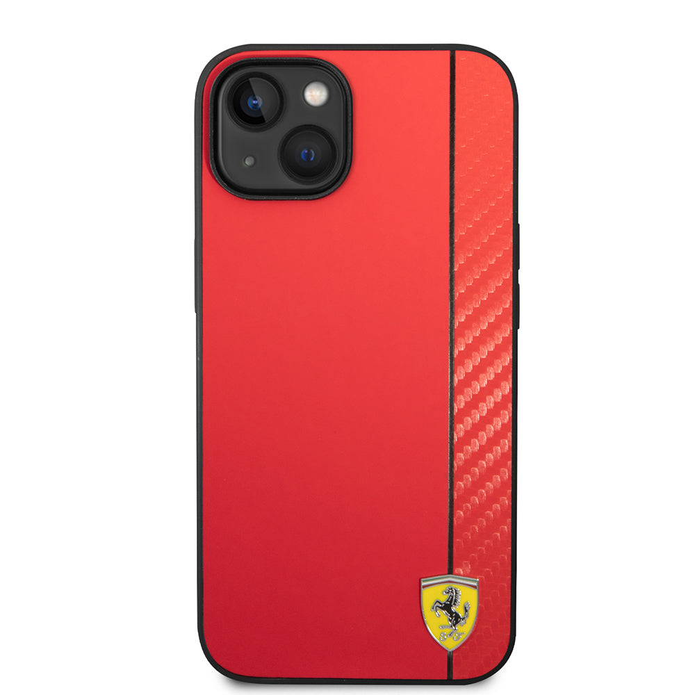 Apple iPhone 14 Kılıf Ferrari Orjinal Lisanslı M-safe Şarj Özellikli Pu Deri Ve Karbon Şeritli Dizayn Kapak
