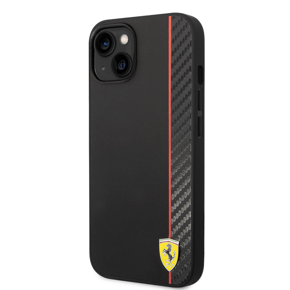 Apple iPhone 14 Kılıf Ferrari Orjinal Lisanslı M-safe Şarj Özellikli Pu Deri Ve Karbon Şeritli Dizayn Kapak