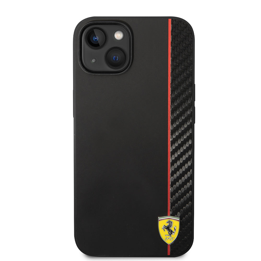 Apple iPhone 14 Kılıf Ferrari Orjinal Lisanslı M-safe Şarj Özellikli Pu Deri Ve Karbon Şeritli Dizayn Kapak
