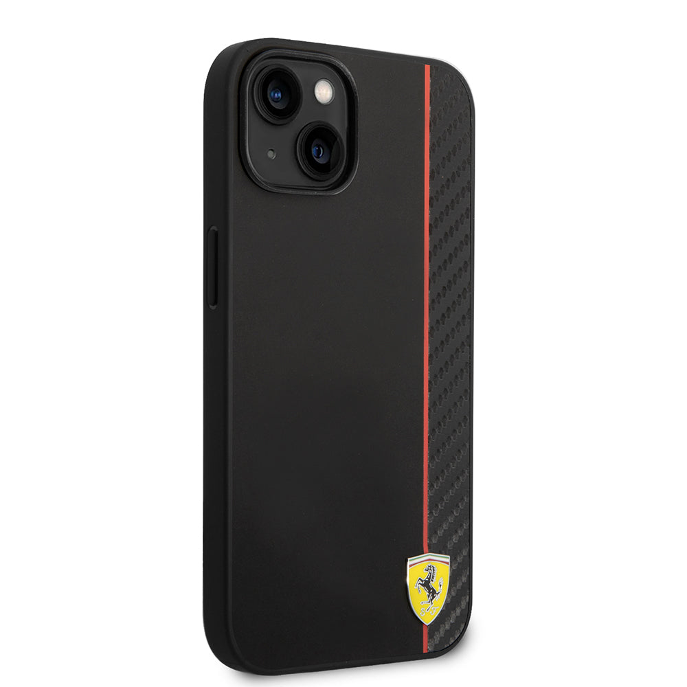 Apple iPhone 14 Kılıf Ferrari Orjinal Lisanslı M-safe Şarj Özellikli Pu Deri Ve Karbon Şeritli Dizayn Kapak