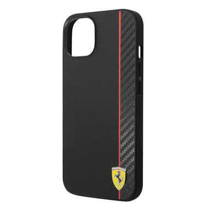 Apple iPhone 14 Kılıf Ferrari Orjinal Lisanslı M-safe Şarj Özellikli Pu Deri Ve Karbon Şeritli Dizayn Kapak