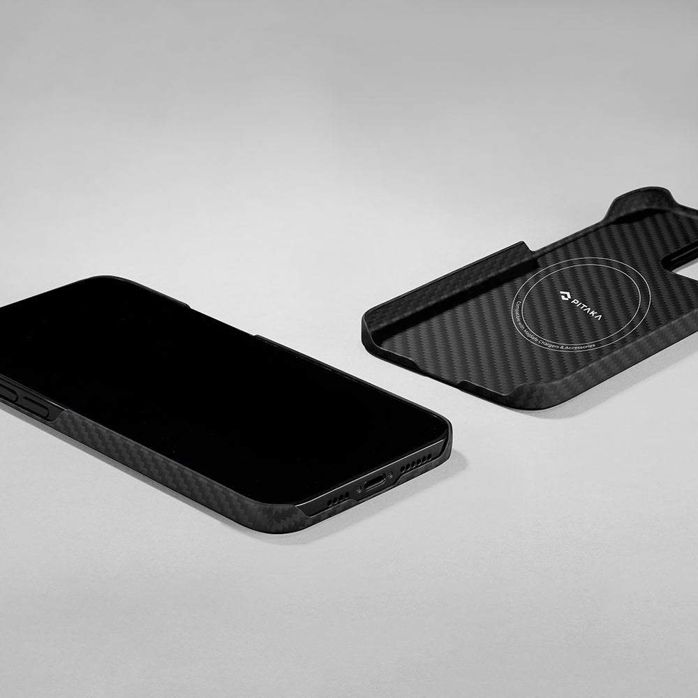 Apple iPhone 14 Kılıf M-safe Şarj Özellikli 1500D Aramid Fiber Pitaka Ultra-Slim Classic Serisi Black-Grey Twill Kapak