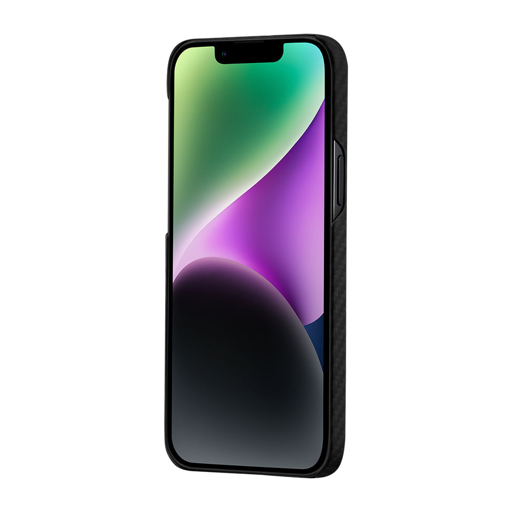 Apple iPhone 14 Kılıf M-safe Şarj Özellikli 1500D Aramid Fiber Pitaka Ultra-Slim Classic Serisi Black-Grey Twill Kapak