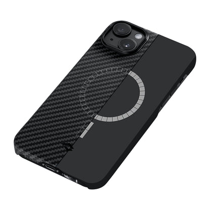 Apple iPhone 14 Kılıf M-safe Şarj Özellikli 1500D Aramid Fiber Pitaka Ultra-Slim Classic Serisi Black-Grey Twill Kapak