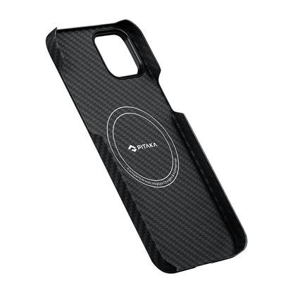 Apple iPhone 14 Kılıf M-safe Şarj Özellikli 1500D Aramid Fiber Pitaka Ultra-Slim Classic Serisi Black-Grey Twill Kapak