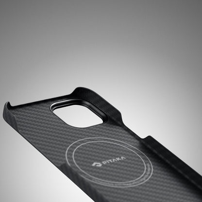 Apple iPhone 14 Kılıf M-safe Şarj Özellikli 1500D Aramid Fiber Pitaka Ultra-Slim Classic Serisi Black-Grey Twill Kapak